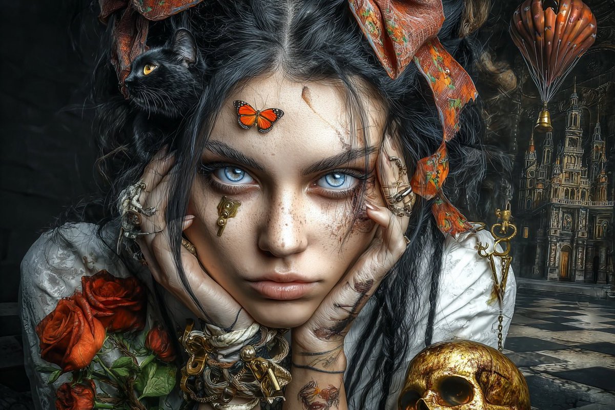 杰作级波普超现实主义奇幻肖像画：一位忧郁的年轻女子，拥有巨大而明亮的蓝色眼眸和瓷器般白皙的肌肤，手托着脸庞，沉思冥想。她身处一个梦幻般的世界，周围漂浮着粉色云朵、热气球、蝴蝶、心形气球、滴落的...