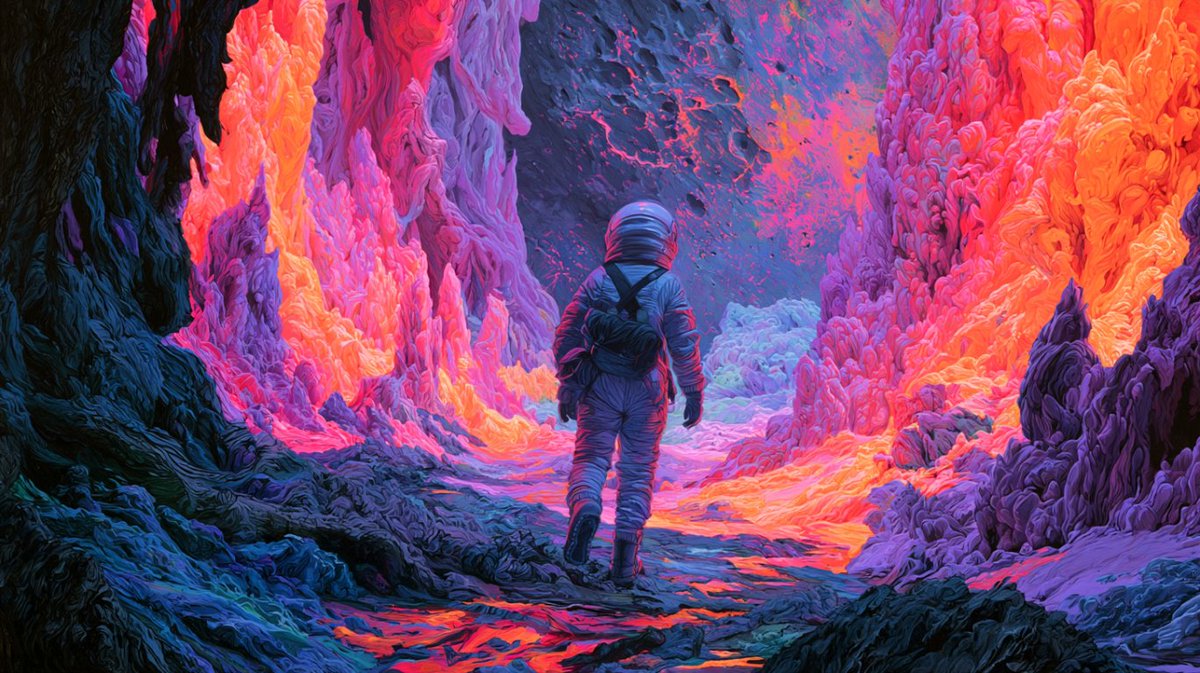 混合媒介，描绘一位孤独的探险者身穿时尚的高科技太空服，行走在一颗流浪卫星的洞穴中，四周环绕着高耸的、发光发亮的矿物结晶体，反射出明亮、大胆、美丽、对比鲜明的霓虹色彩。,以木炭线条画与光泽丙烯水...