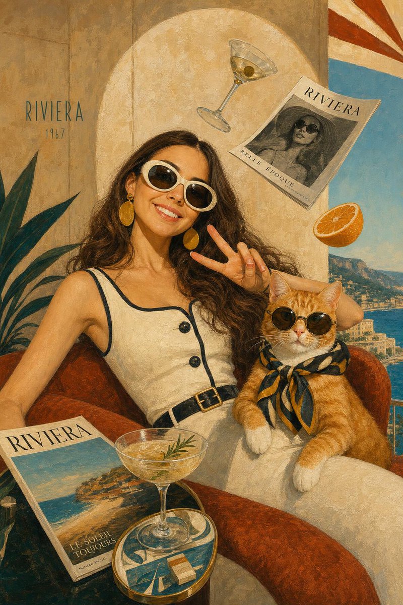 超现实中世纪编辑风格插画，画面中是照片中的人物和一只时髦的猫置身于奢华的1960年代里维埃拉酒廊，修长的身形比例，超大配饰，面无表情，精致荒诞，漂浮的物件，温暖的赤陶色、汽油蓝与芥末黄色调，表...