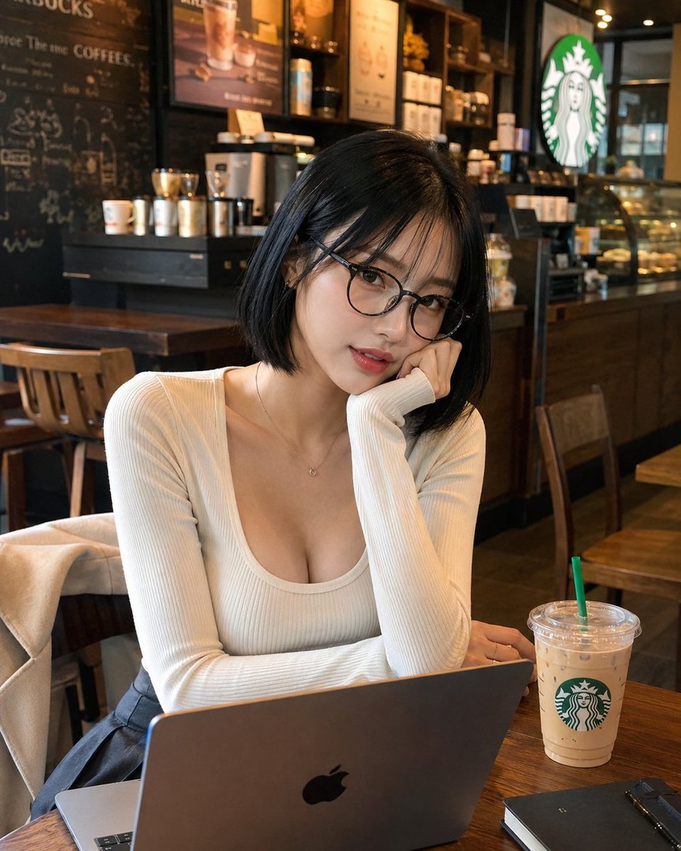 一位性感迷人的20岁日本或韩国人，黑色的复古波波头发型，戴着深色圆框眼镜，在星巴克里，面前放着笔记本电脑和饮料，营造出一种知性休闲的氛围 https://t.co/yMgXEeALvk