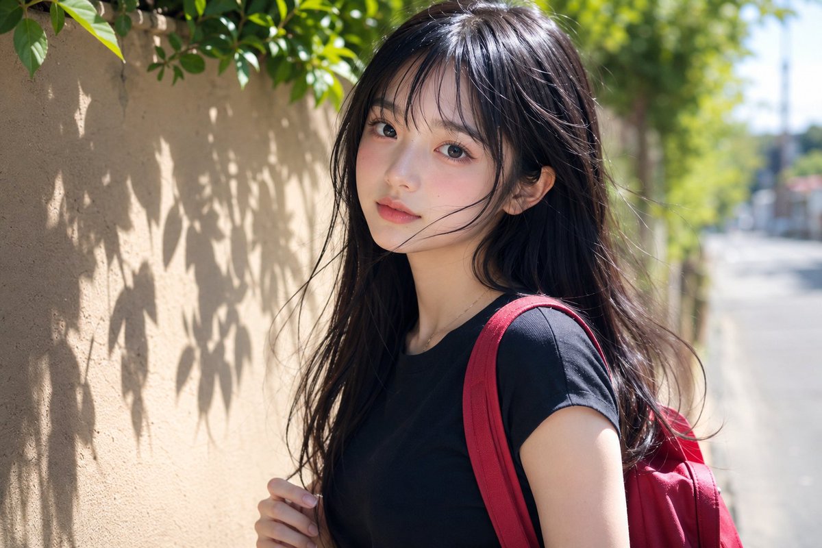 美丽的年轻日本女孩，留着柔顺的黑色长发和柔软的碎刘海，大而富有表现力的深色眼睛，白皙发光的肌肤，精致的脸部轮廓，自然的粉嫩双唇，淡淡的腮红，神情平静而纯真。身穿一件修身的黑色T恤，肩上单肩背着...