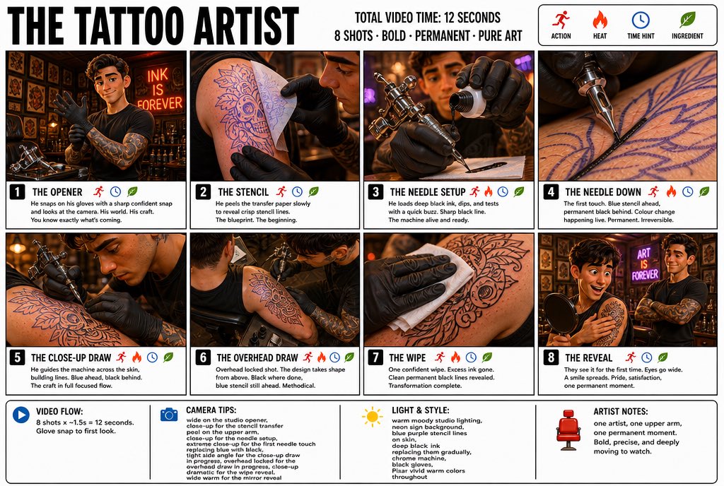 “为《THE TATTOO ARTIST（纹身师）》制作一张清晰、简洁的信息图式分镜海报。宽幅16:9布局，白色背景，黑色边框，醒目的黑色字体，顶级皮克斯3D风格化渲染，氛围感暖色工作室灯光搭...