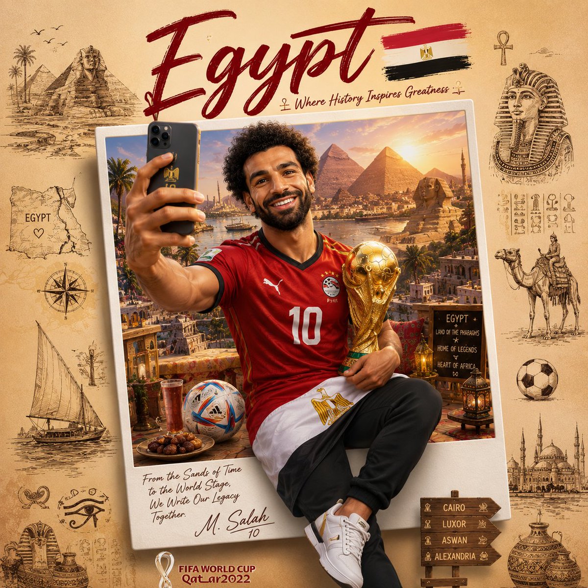 创作一款超高端收藏级旅行海报，采用迷人风格化的3D动画美学，融合奢华旅行广告、世界足球文化以及高端收藏艺术品。 海报通过一位灵感源自 [FOOTBALLER NAME] 的足球巨星视角，来礼赞...