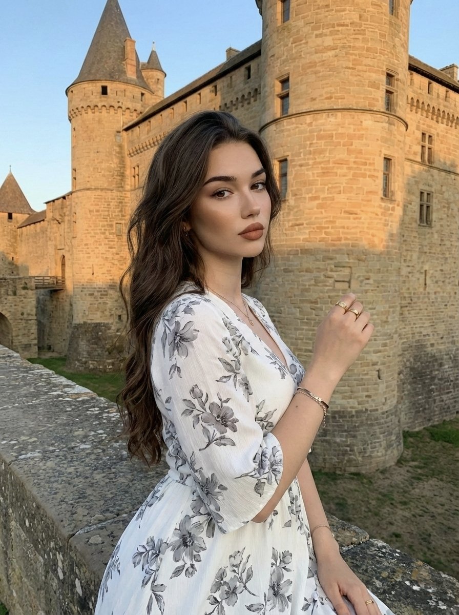 电影感旅行人像：一位年轻女性，留着长长的波浪状深棕色头发，侧身坐在一座历史悠久的金黄砂岩堡垒的宽阔质感石台上，神情平静自信地直视镜头。她身穿一条优雅的白色夏日连衣裙，饰有精致的灰色花卉图案、V...