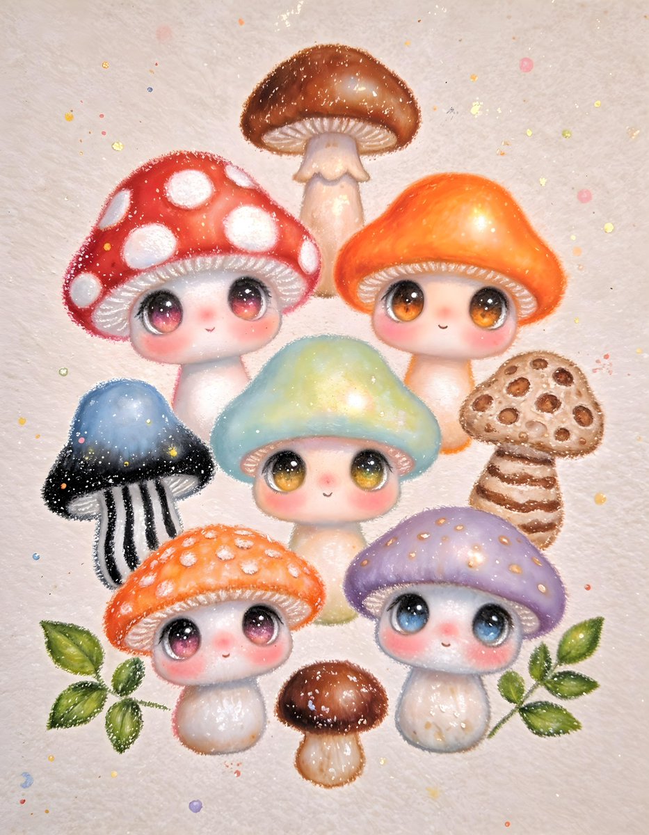 一幅富有奇趣的插画，描绘了各种各样的卡通蘑菇，它们有着富有表现力的面孔，背景为纯色。这些蘑菇的形状、大小和颜色各异，包括红底白点的、橙色的、棕色的以及蓝色菌盖的品种。有些蘑菇的菌盖带有条纹，而...