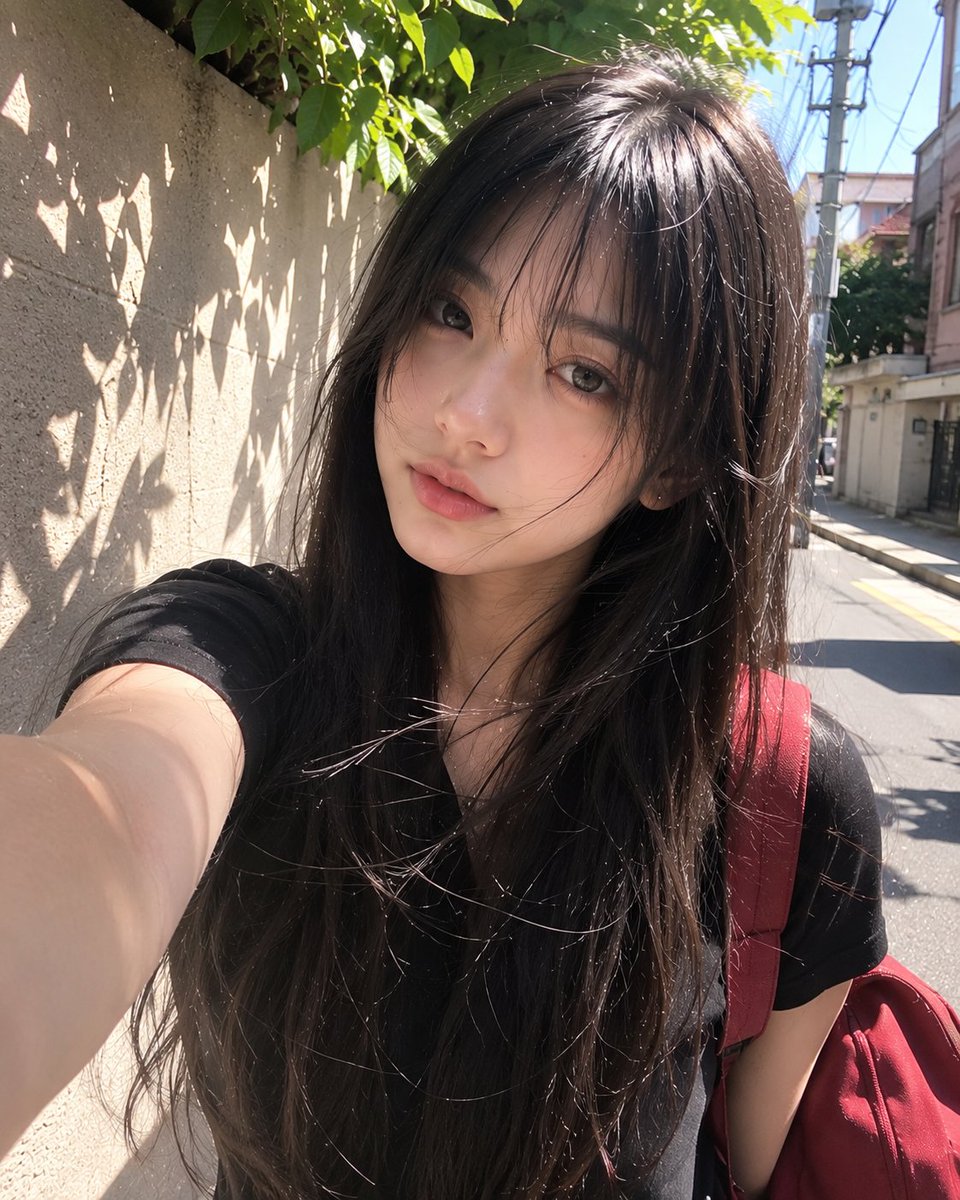 美丽年轻的日本女孩，留着柔顺的长黑发和柔和蓬松的刘海，拥有一双大而有神的深色眼睛、白皙发光的肌肤、精致细腻的五官、自然的粉色嘴唇、淡淡的腮红，神情平静而纯真。身穿一件合身的黑色T恤，肩上单背一...