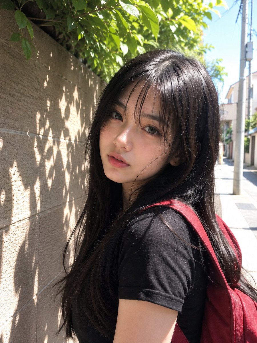 美丽年轻的日本女孩，留着柔顺的长黑发和柔和蓬松的刘海，拥有一双大而有神的深色眼睛、白皙发光的肌肤、精致细腻的五官、自然的粉色嘴唇、淡淡的腮红，神情平静而纯真。身穿一件合身的黑色T恤，肩上单背一...