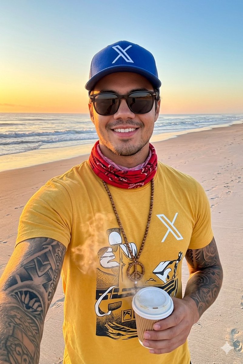 清晨的活力 ✨ 🌅 宁静、海风与一杯新鲜咖啡。 ✌️ Google gemini 提示词分享： "一张高品质专业拍摄的自拍照，一位粗犷、微笑的年轻男子，手臂上有纹身，站在宽阔的沙滩上，明亮的清...