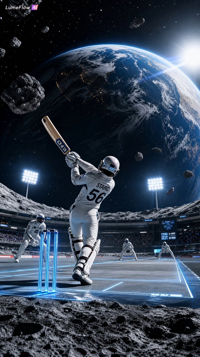 “史诗级未来主义外太空板球比赛，宇航员在月球上的漂浮体育场中打板球，巨大的地球在背景中发光，星星和小行星环绕场景，击球手打出强力六分，未来主义板球盔甲和头盔，发光的三柱门，戏剧性的体育场灯光，...