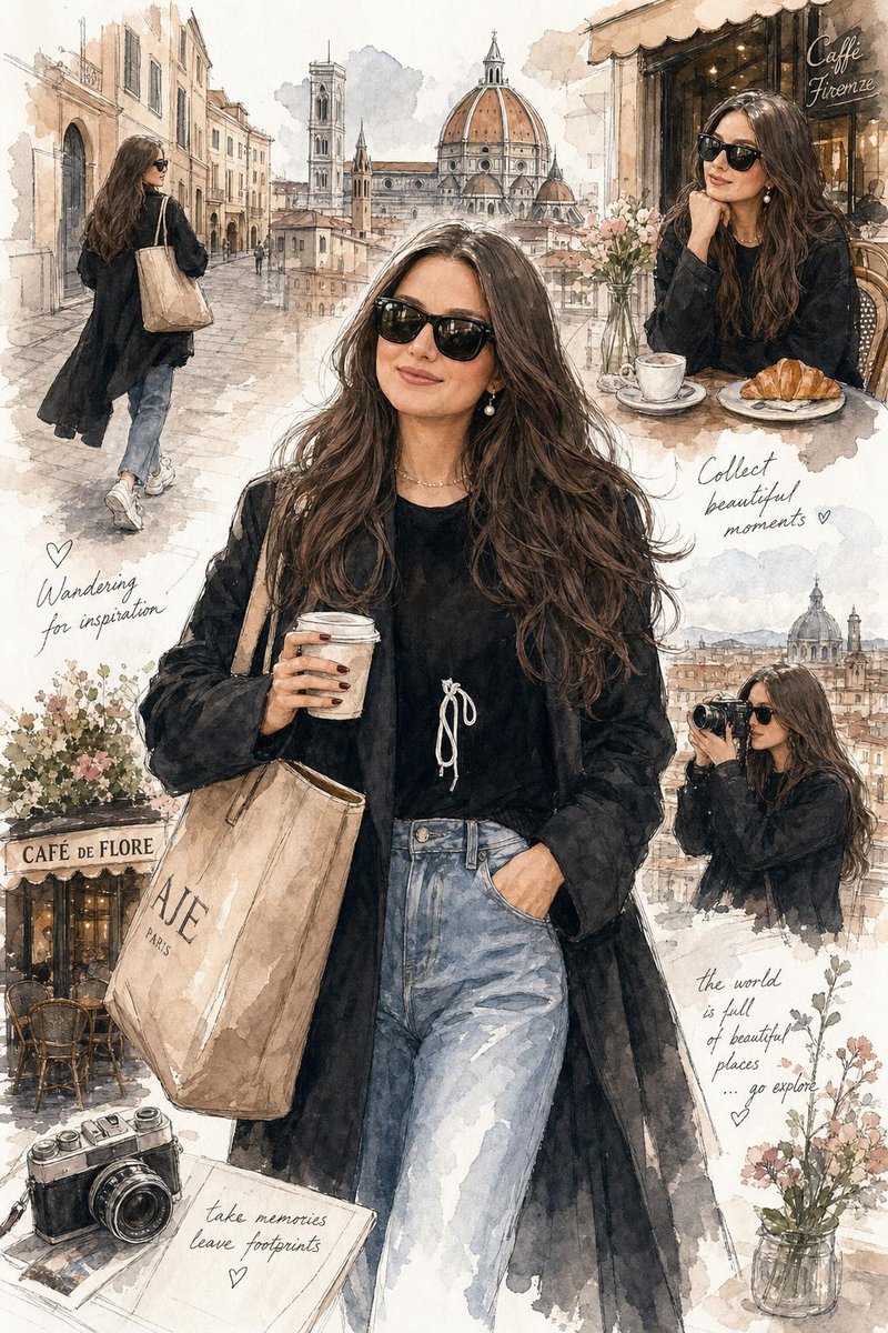 优雅的水彩时装插画，一位时尚年轻女性正在探索风景如画的欧洲城市与温馨咖啡馆，柔和的手绘水彩质感，富于表现力的钢笔速写轮廓，飘逸的深色长卷发，时髦的 Oversized 廓形夹克，牛仔裤，托特包...