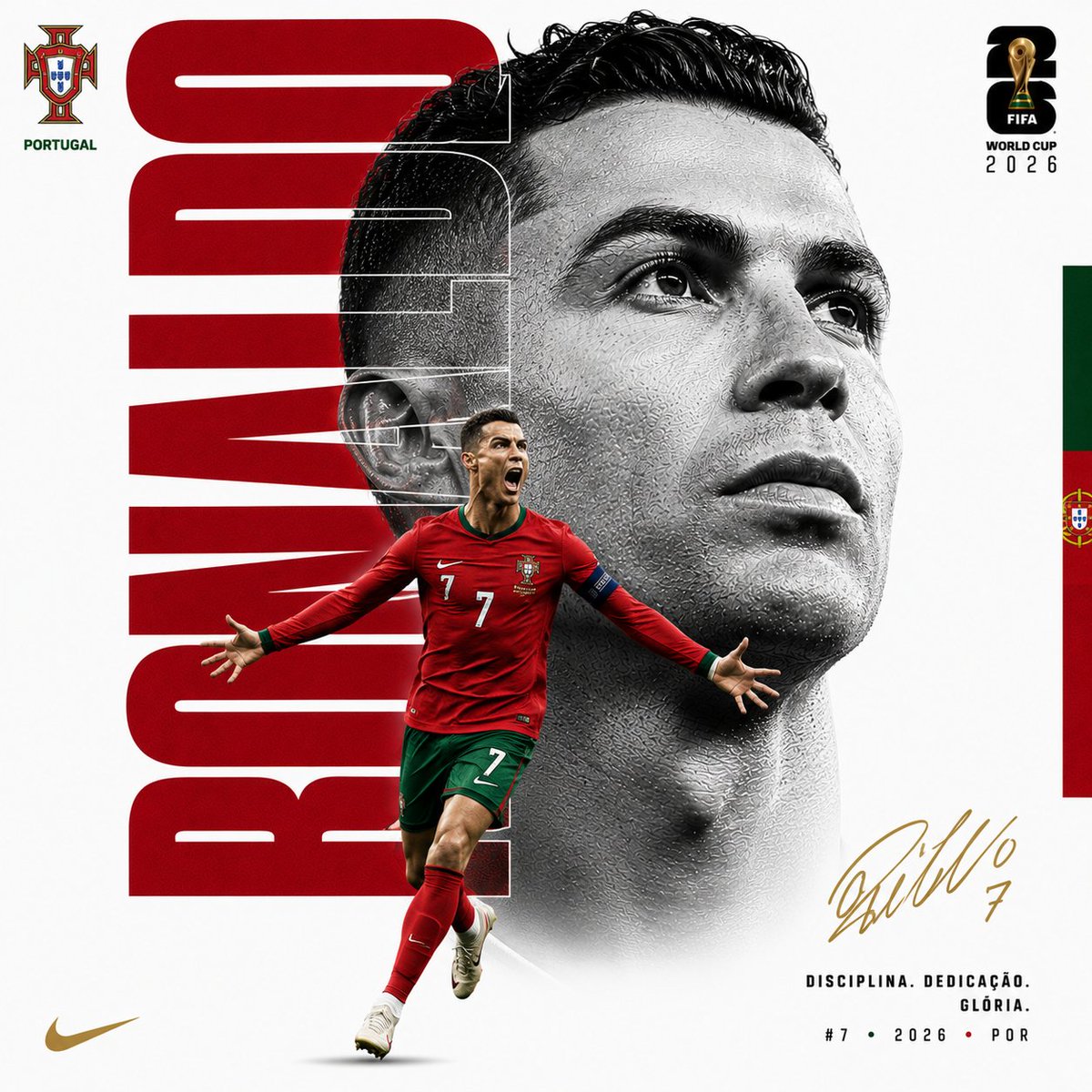 创作一张奢华版 FIFA 世界杯编辑风格海报。纯白背景。不要体育场、不要观众、不要烟雾、不要杂乱背景。极简奢华运动海报。1:1 长宽比。 字体图层 —— 位于肖像后方： 巨型纵向字体，拼写为"...