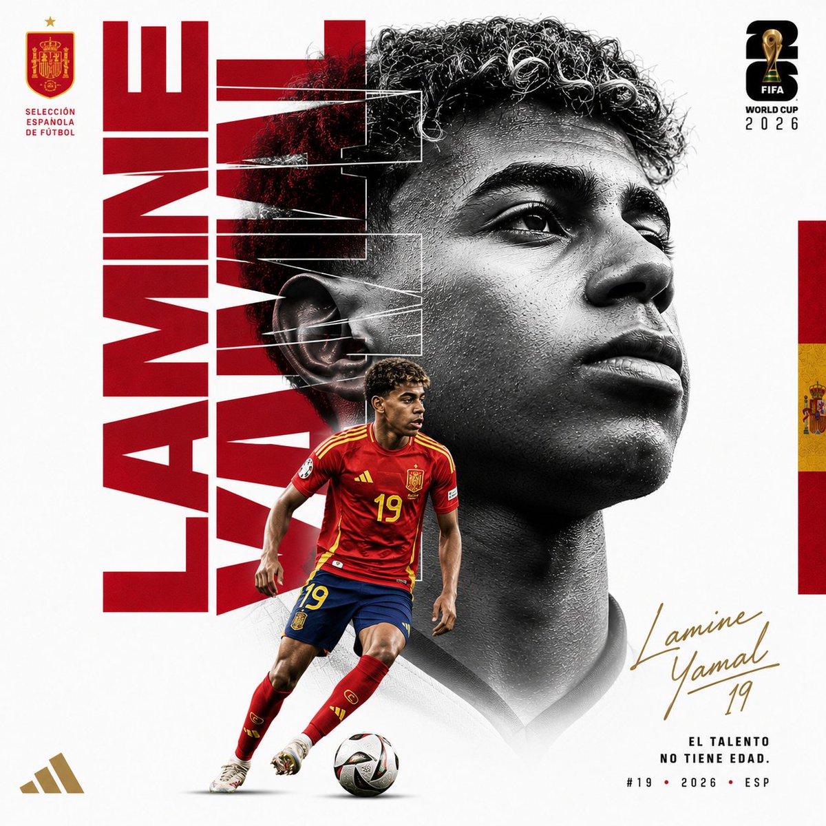 创作一张奢华版 FIFA 世界杯编辑风格海报。纯白背景。不要体育场、不要观众、不要烟雾、不要杂乱背景。极简奢华运动海报。1:1 长宽比。 字体图层 —— 位于肖像后方： 巨型纵向字体，拼写为"...