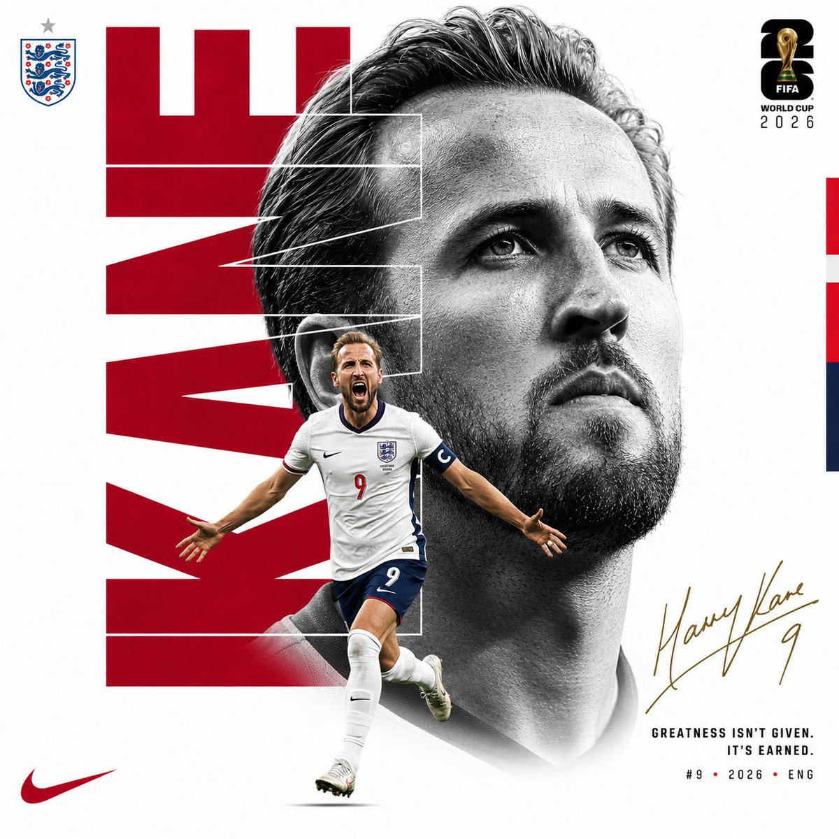 创作一张奢华版 FIFA 世界杯编辑风格海报。纯白背景。不要体育场、不要观众、不要烟雾、不要杂乱背景。极简奢华运动海报。1:1 长宽比。 字体图层 —— 位于肖像后方： 巨型纵向字体，拼写为"...