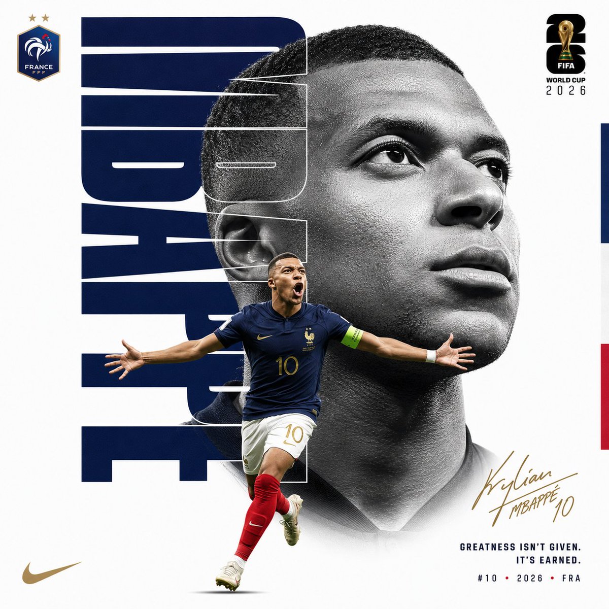 创作一张奢华版 FIFA 世界杯编辑风格海报。纯白背景。不要体育场、不要观众、不要烟雾、不要杂乱背景。极简奢华运动海报。1:1 长宽比。 字体图层 —— 位于肖像后方： 巨型纵向字体，拼写为"...
