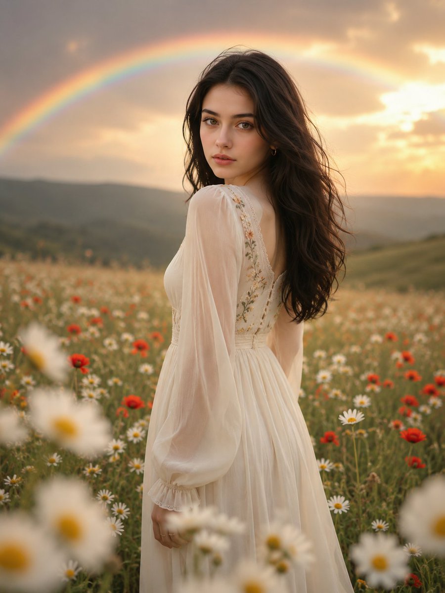 一位美丽的年轻女子，留着浓密蓬松的黑色长卷发，回眸时露出温柔的微笑。她身穿一条优雅的奶油色飘逸长裙，肩部采用透明的泡泡袖设计，裙身上衣部分绣有精致的花卉图案。她（umair）站立在一片广阔而郁...