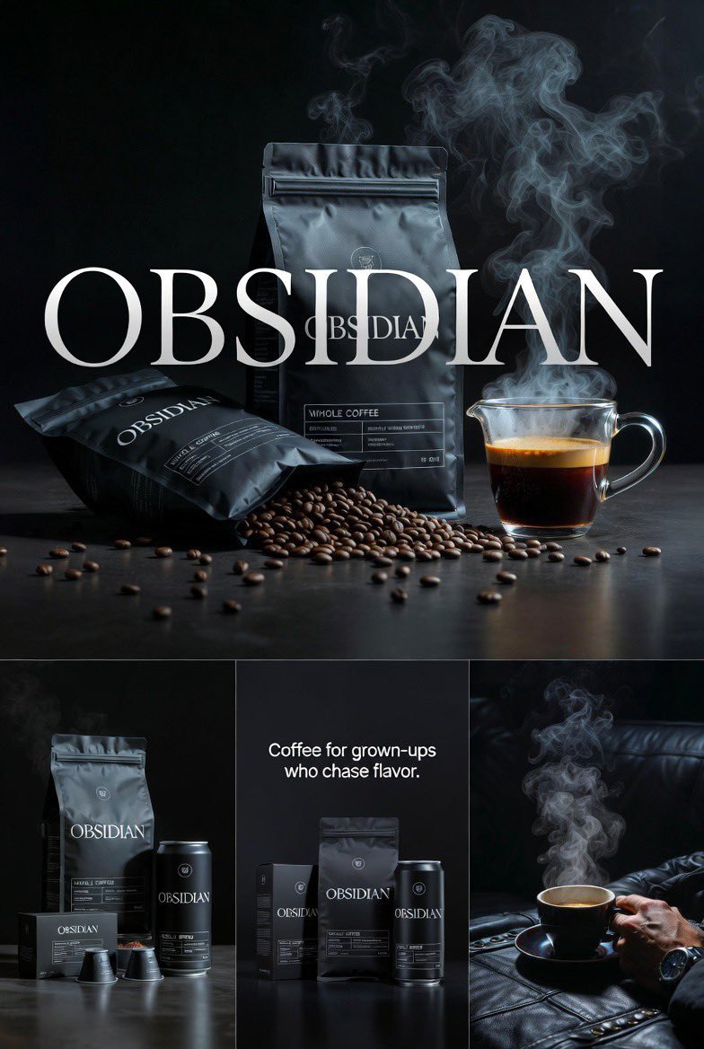 https://t.co/OQdQgFhUSJ 提示： 为 OBSIDIAN 咖啡品牌生成四张风格统一的、高端的、写实风格的编辑级视觉画面。电影感、暗黑、成熟的审美风格，灵感来自奢侈运动服饰与...