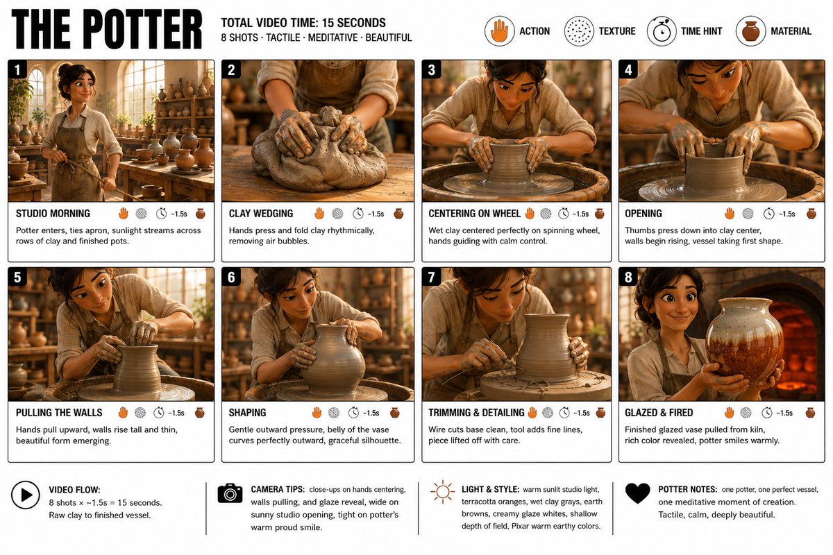 为《陶艺师》(THE POTTER) 制作一张清晰整洁的信息图故事板海报。宽幅 16:9 布局，白色背景，黑色边框，粗体黑色字体，顶级皮克斯 3D 风格化渲染，泥土感官的色彩 —— 暖陶土橙、...