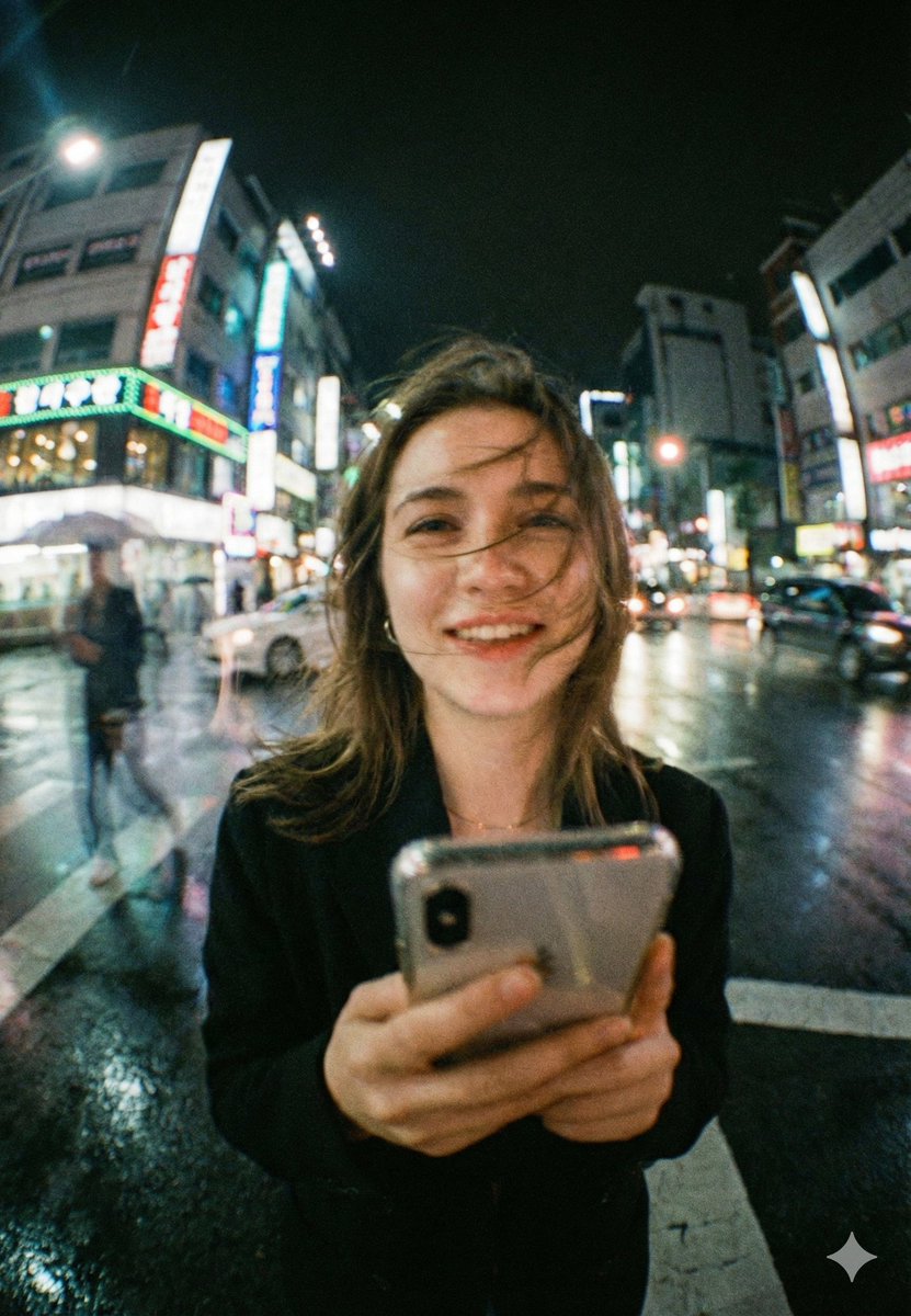 电影感夜间街拍人像,4:5 比例,超高品质。年轻女子站在小雨后的城市十字路口,地面湿润反光,背景是霓虹灯照亮的建筑。她把智能手机举到靠近镜头的位置,自然温暖的微笑,头发被风吹过脸颊,身穿深色大...