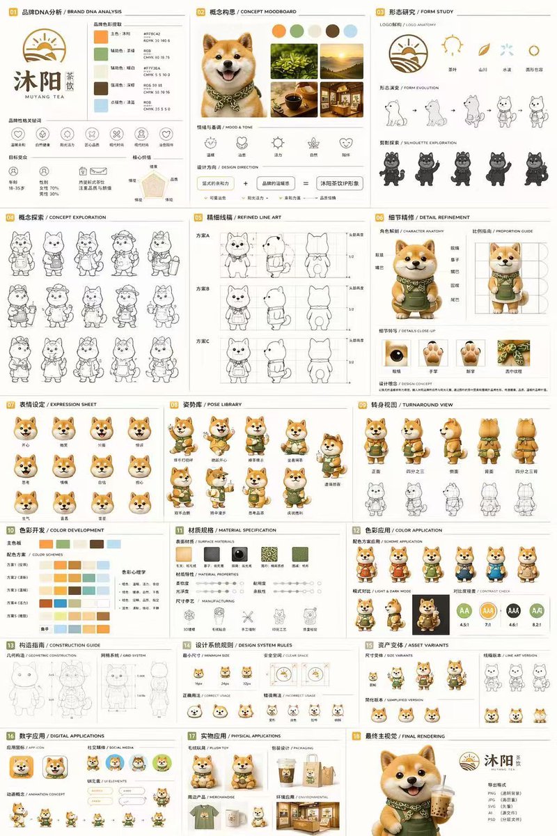 { "type": "18-section complete brand identity and mascot design sheet", "brand": { "name": "{arg...