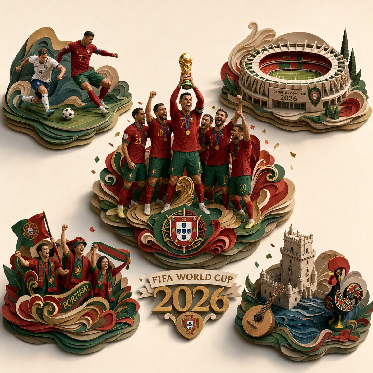 史诗般的 2026 年 FIFA 世界杯 [COUNTRY] 夺冠庆祝场景,转化为独一无二的超精细 3D 分层纸质雕塑立体场景模型,方形构图,宽高比 1:1。“FIFA World Cup 2...