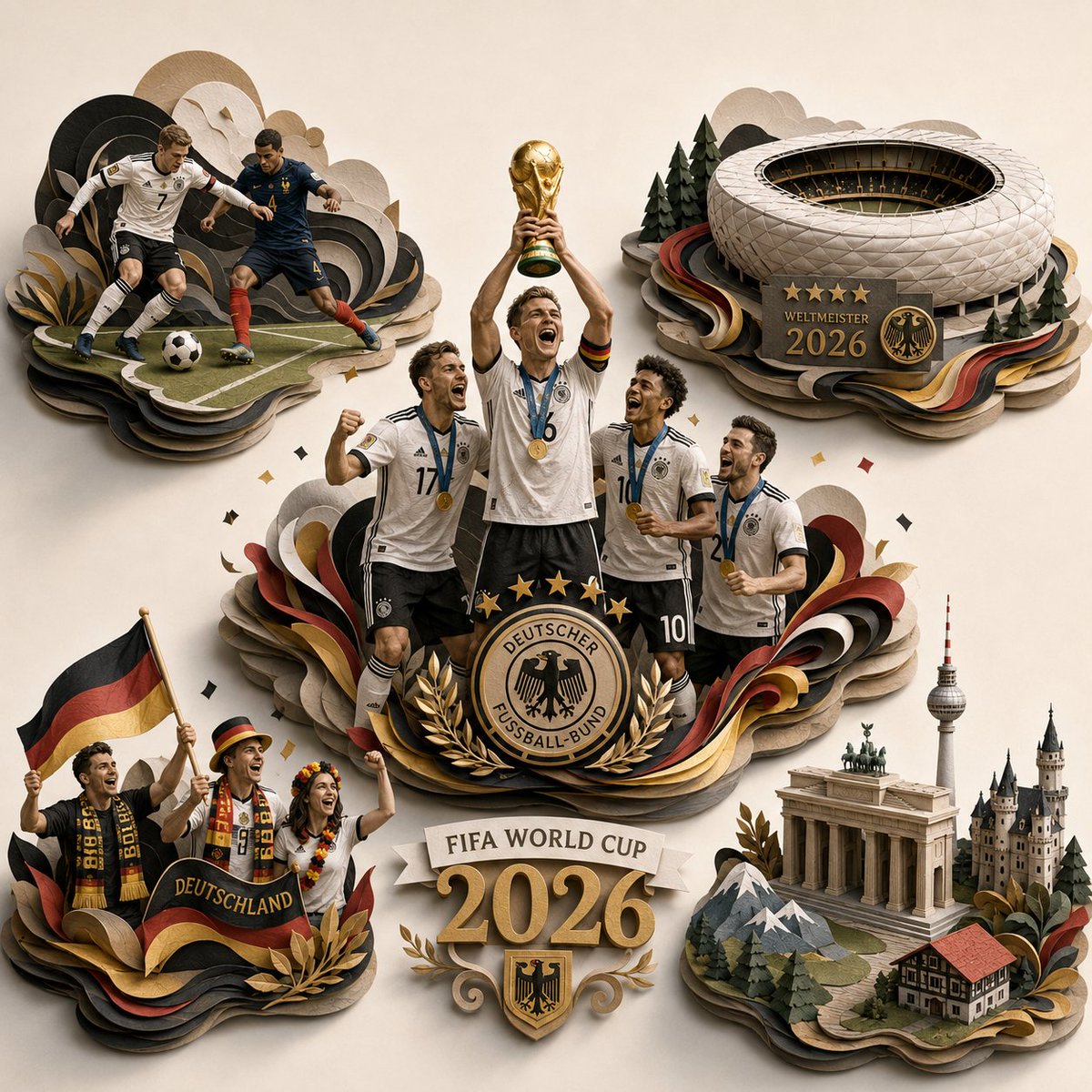 史诗般的 2026 年 FIFA 世界杯 [COUNTRY] 夺冠庆祝场景,转化为独一无二的超精细 3D 分层纸质雕塑立体场景模型,方形构图,宽高比 1:1。“FIFA World Cup 2...