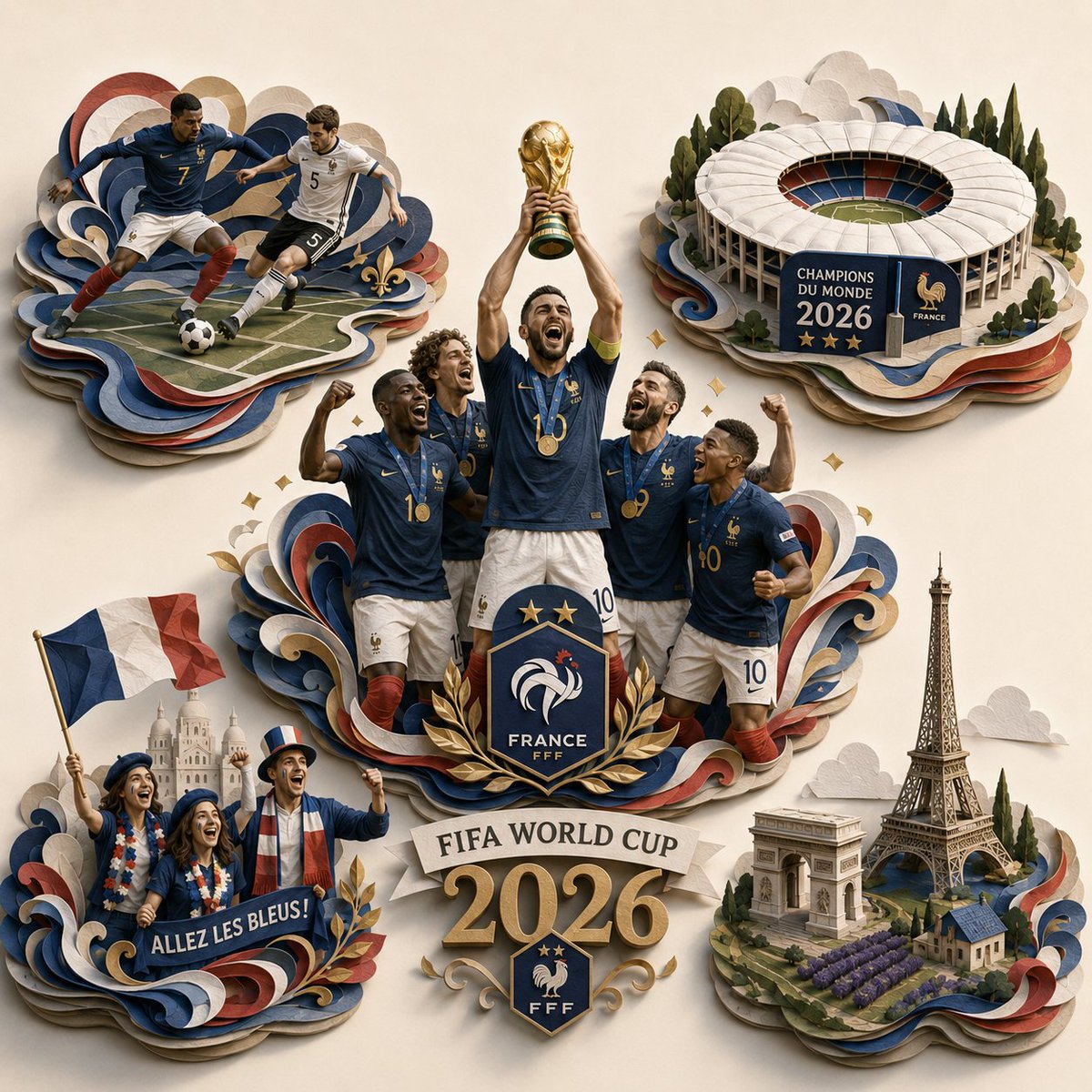 史诗般的 2026 年 FIFA 世界杯 [COUNTRY] 夺冠庆祝场景,转化为独一无二的超精细 3D 分层纸质雕塑立体场景模型,方形构图,宽高比 1:1。“FIFA World Cup 2...