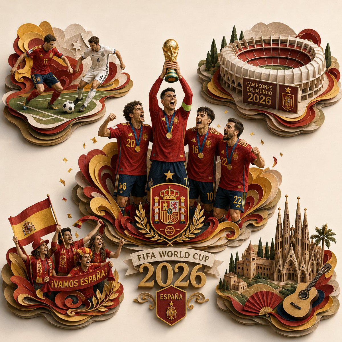 史诗般的 2026 年 FIFA 世界杯 [COUNTRY] 夺冠庆祝场景,转化为独一无二的超精细 3D 分层纸质雕塑立体场景模型,方形构图,宽高比 1:1。“FIFA World Cup 2...