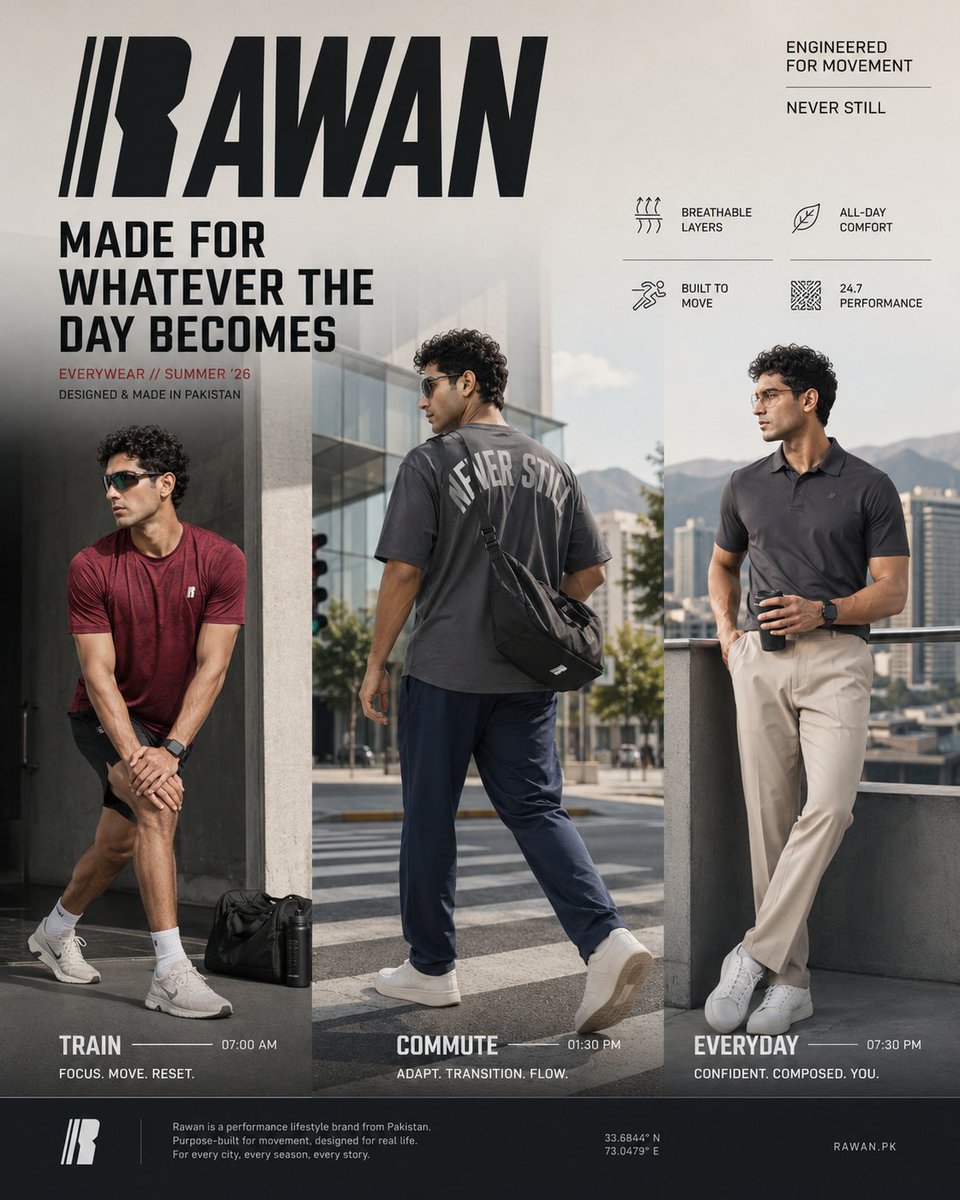 创作一张 4:5 比例的高端 Rawan 巴基斯坦 campaign 海报。 品牌概念："MADE FOR WHATEVER THE DAY BECOMES."（为一天可能成为的任何时刻而生。...
