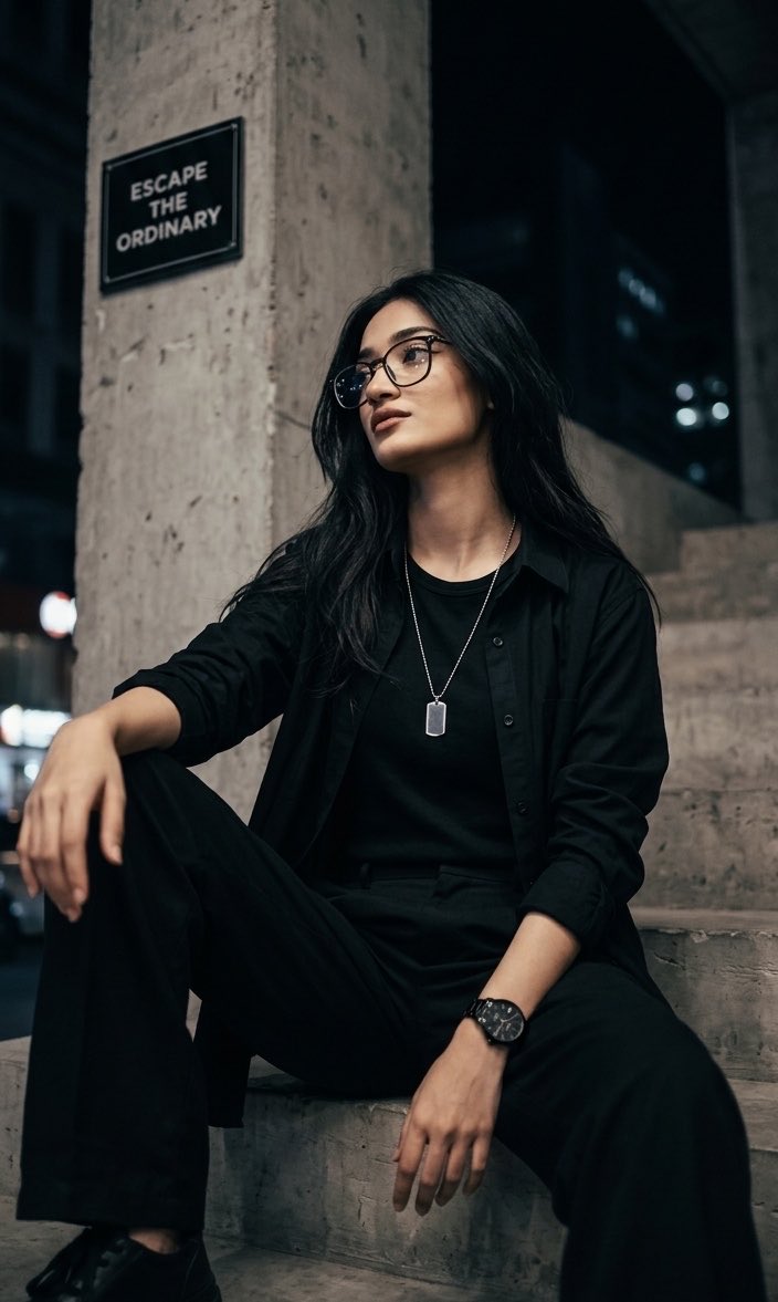 超写实电影感人像肖像：一位年轻女性戴着眼镜，夜晚随意地坐在城市混凝土楼梯上，身穿全黑造型，包括一件黑色敞开式纽扣衬衫，内搭黑色圆领T恤，下身着宽松黑色长裤。深色凌乱发丝柔和地自然垂落，五官轮廓...