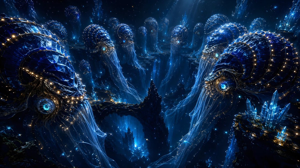 虚空潮汐的蓝宝石议会 想象一座议会,每位“议员”都是由蓝宝石玻璃构成的、大教堂大小的鹦鹉螺,在气态巨行星之下的黑色海洋中,以生物发光的脉冲进行投票。 缓慢、宏大、完全非人的政治。 以下提示词供...