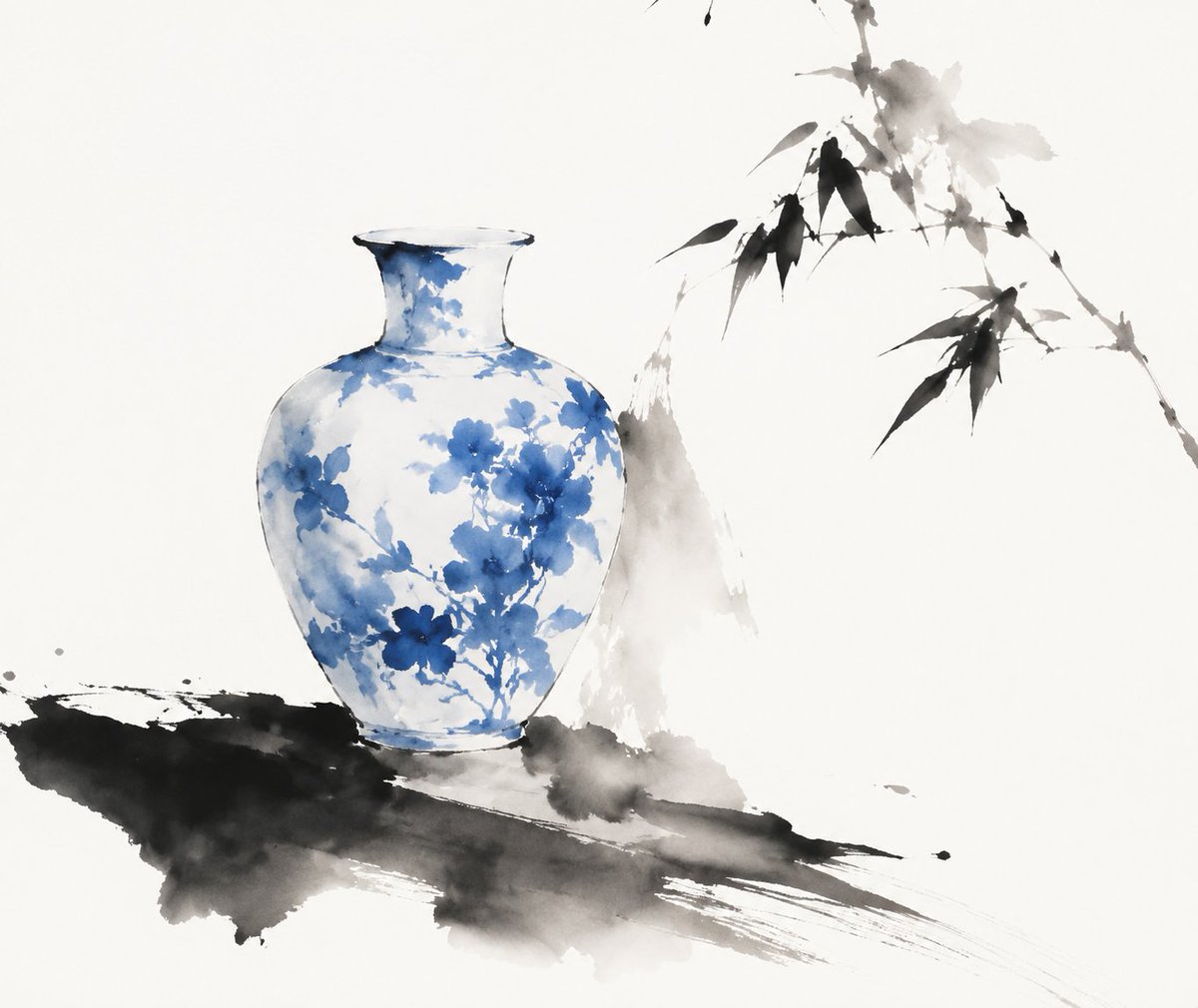 传统中国水墨风格的青花瓷瓶诠释,表现力十足的水墨笔触,柔和的渐变,诗意般的简约,极简主义的构图,大面积留白,con…… 由 @lovimg_com 创作 https://t.co/o2eXpn...