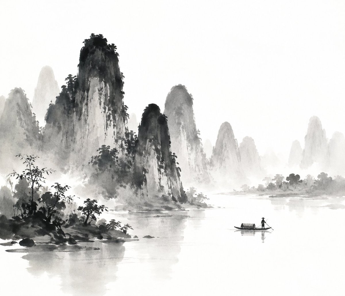 桂林山水的中国传统水墨画诠释,表现性的黑色墨水笔触,柔和的渐变,诗意的简约,极简主义的构图,大面积留白,con… 由 @lovimg_com 创建 https://t.co/05bU9Sr1R...