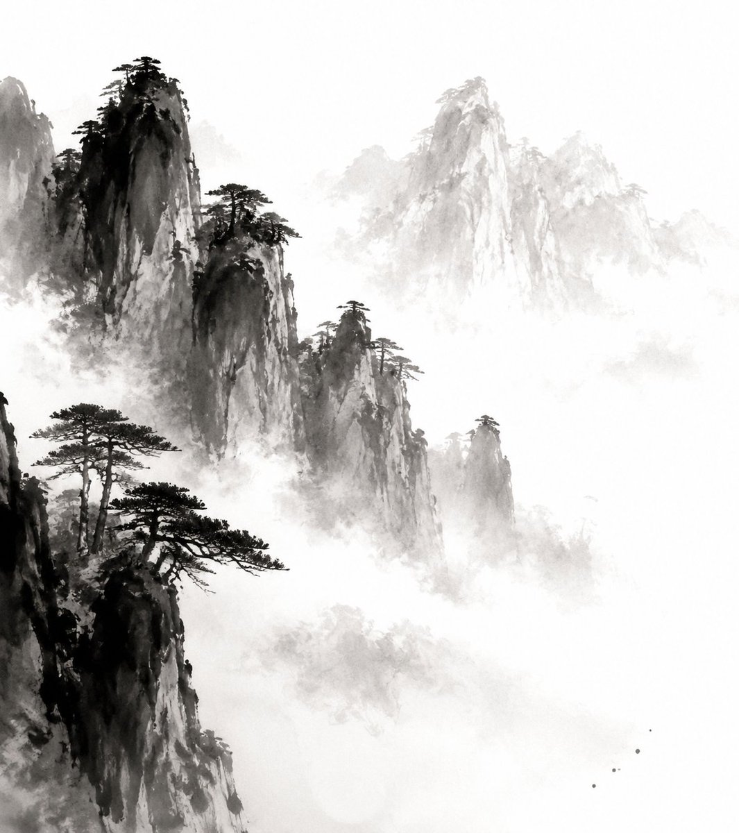 中国传统水墨对 水墨黄山 的诠释，表现性的黑色墨笔触，柔和的渐变，诗意的简约，极简构图，大面积留白，con…… 由 @lovimg_com 创作 https://t.co/INIpAbRn7x