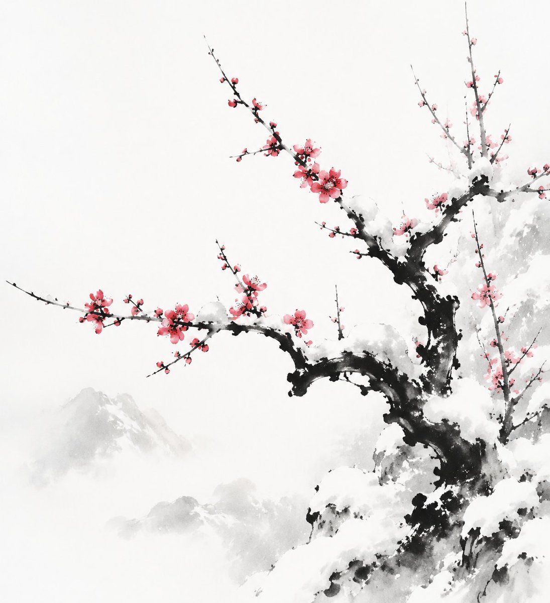 对中国传统水墨画中“雪中寒梅”的诠释，表现性的黑色墨笔触，柔和的渐变，诗意的简约，极简的构图，大面积的留白，意… 由 @lovimg_com 创建 https://t.co/UaY61iCzm...