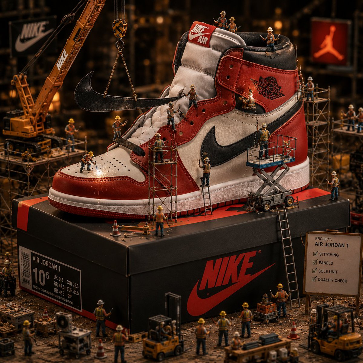 Nike 运动鞋组装项目 使用 GPT image 2 和 Kling AI 3.0 在 @Kling_ai 上制作 提示词 - 一个超现实的微距场景，展现微型建筑工人正在组装一双巨大的 Ni...