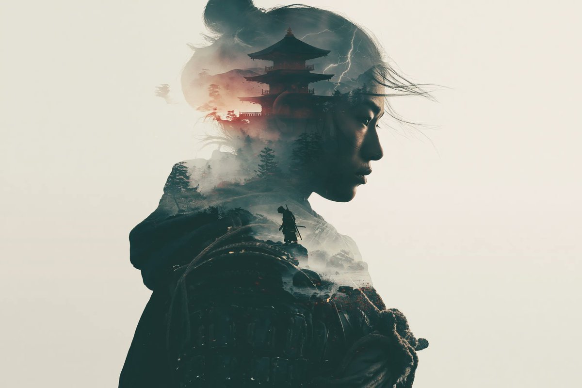 一幅双重曝光艺术作品，以[主体]为特色，与[次要场景]无缝融合。精巧的层次堆叠，透明的叠加层，和谐的构图，氛围感深度，电影级光效，丰富的细节，象征性的叙事，元素之间平滑过渡，艺术性强且视觉效果...