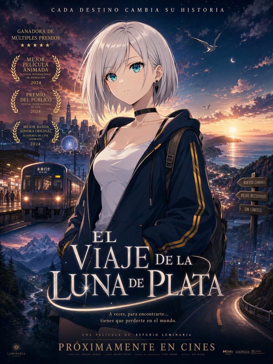 https://t.co/A0XywaDSOU 电影感动漫电影海报,虚构电影名为《EL VIAJE DE LA LUNA DE PLATA》,采用精致的现代日本动画风格,自然干净的外观。一位青...