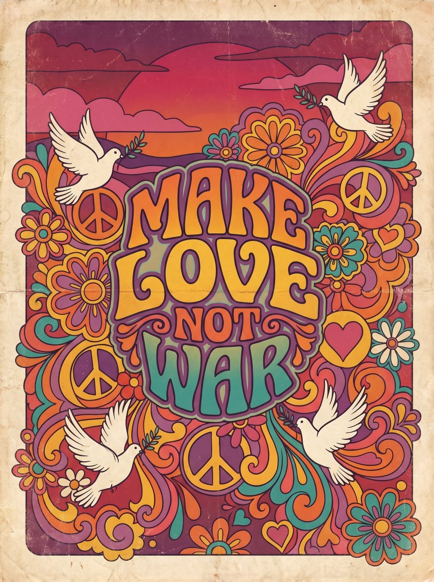 创作一幅1960至1970年代的复古花之力（flower power）海报，主体标语为“MAKE LOVE NOT WAR”（要爱不要战争）。采用迷幻嬉皮士美学风格，搭配色彩缤纷的花卉图案、和...