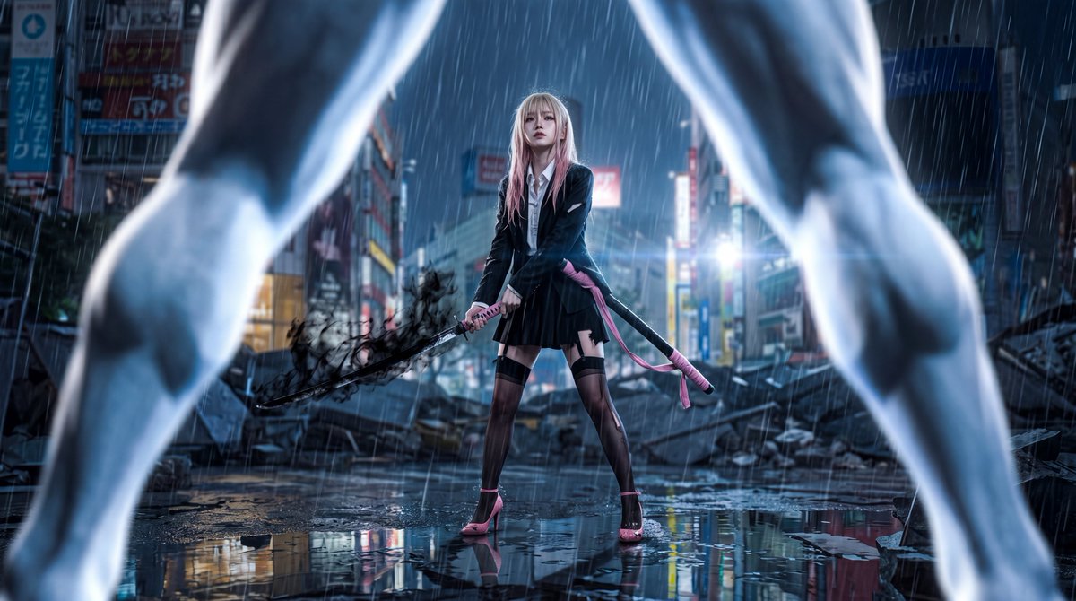Photorealistic photography, 1, 东京涩谷十字路口。夜晚，该区域的建筑物受损。场景看起来像战场。大雨倾盆，周围到处是反光的水坑。, Aria, 一个娇小的日本女孩，...