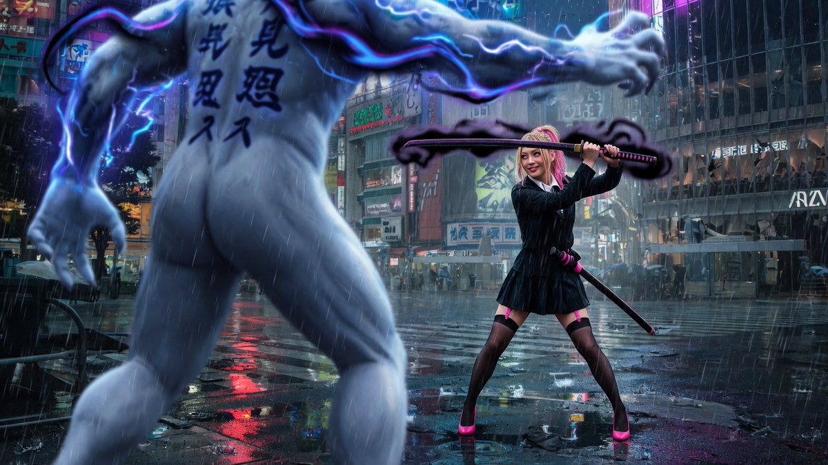 Photorealistic photography, 1, 东京涩谷十字路口。夜晚，该区域的建筑物受损。场景看起来像战场。大雨倾盆，周围到处是反光的水坑。, Aria, 一个娇小的日本女孩，...