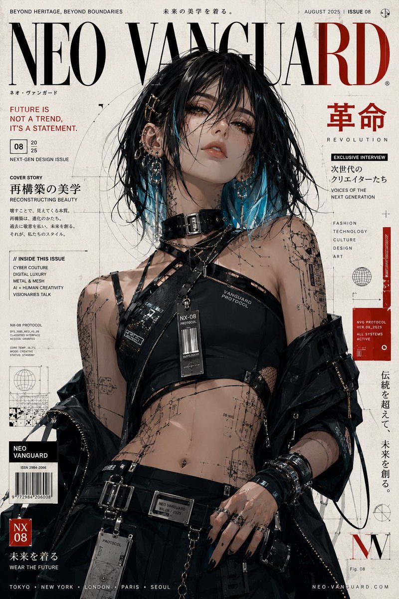 超精细奢华动漫时尚封面插画，描绘一位走在未来潮流前沿的年轻女性，肩长乌黑发丝带有电光青色底光，飘逸的修饰脸型的发丝，明亮的琥珀色眼眸，光滑瓷白肌理，细微光泽妆容，神态从容自信。她身穿一件超大不...