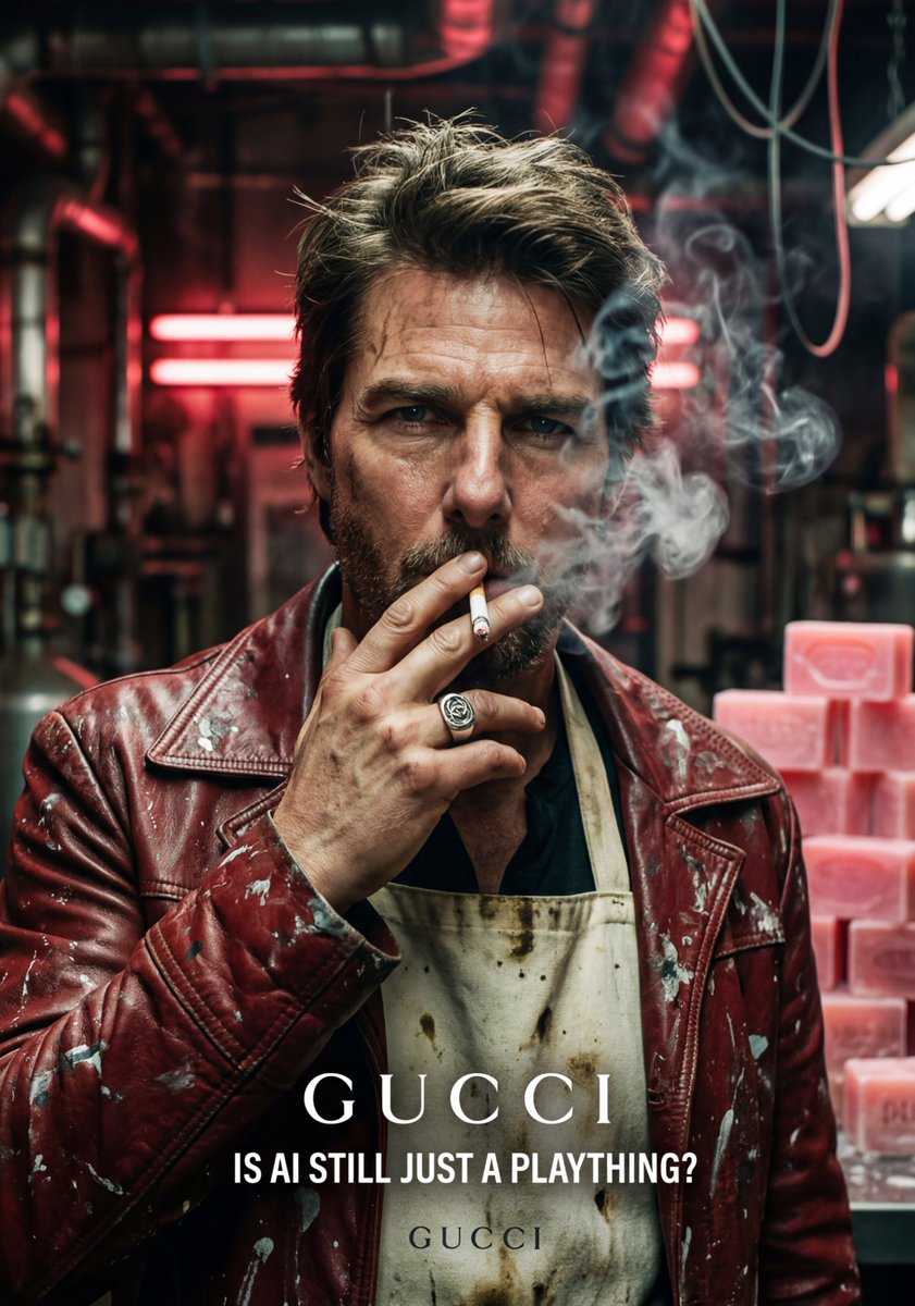 https://t.co/LkrxtTArhc 电影感特写肖像照，汤姆·克鲁斯（Tom Cruise），暗黑工业美学风格。他有着凌乱、蓬起的深金色头发和面部胡茬，表情强烈而疲惫。他用右手将一支...