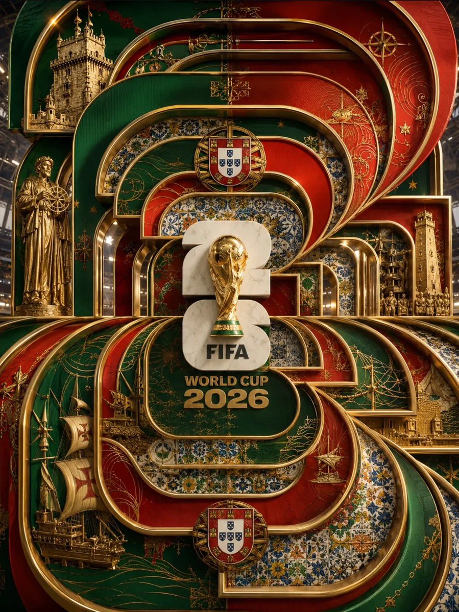 超豪华2026年世界杯海报，由互锁弧形面板和几何框架构成的宏伟分层装饰派艺术建筑，居中放置的世界杯奖杯镶嵌在大型雕刻的"26"字样上，优质蓝白大理石和黄金金属饰面，复杂的金色花丝工艺，压印的国...