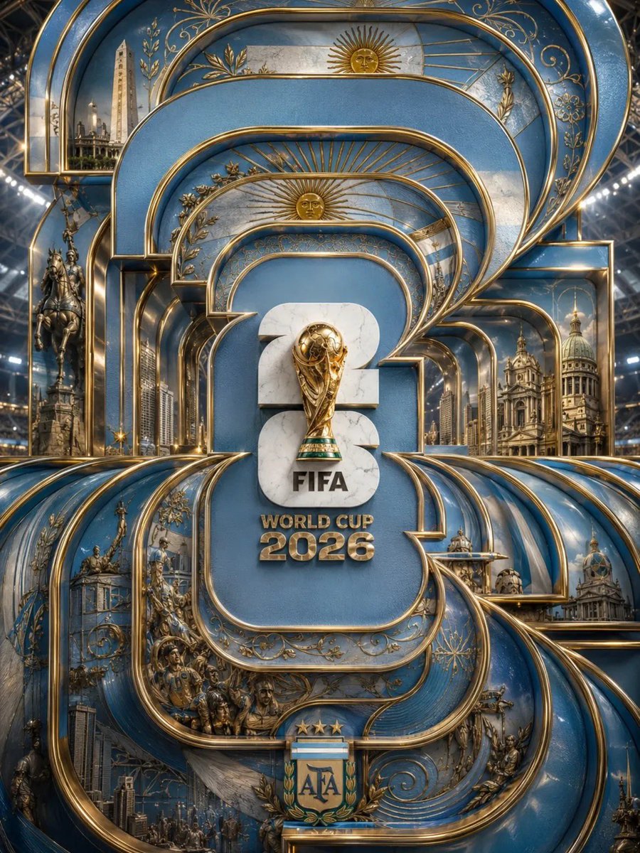 超豪华2026年世界杯海报，由互锁弧形面板和几何框架构成的宏伟分层装饰派艺术建筑，居中放置的世界杯奖杯镶嵌在大型雕刻的"26"字样上，优质蓝白大理石和黄金金属饰面，复杂的金色花丝工艺，压印的国...