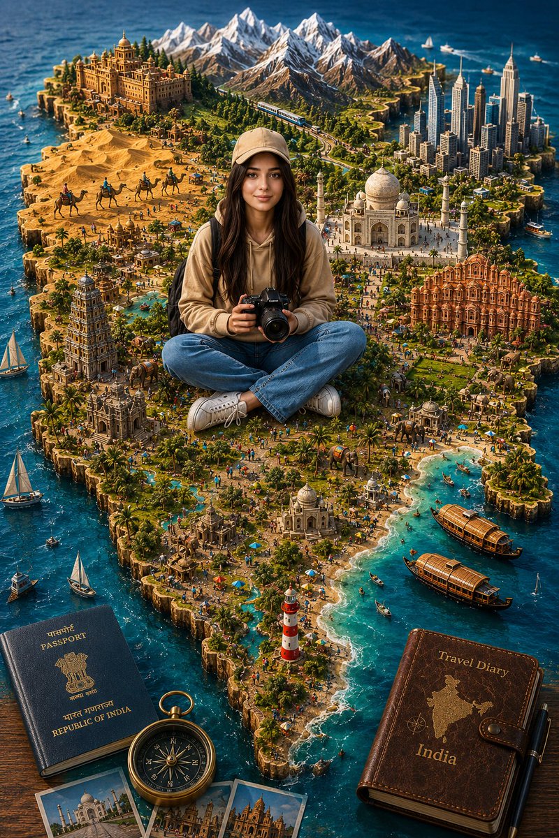 一个高度精细的印度3D微缩旅行立体模型，造型为一块逼真的浮雕地图，周围环绕着清澈见底的水域。一位神情欢快的年轻女性旅行摄影师盘腿坐在地图中央，手持一台专业单反相机，身着米色连帽衫、旅行帽、牛仔...