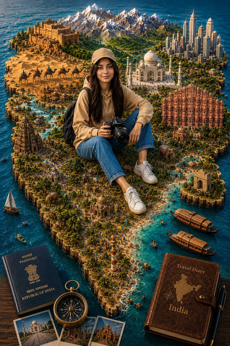 一个高度精细的印度3D微缩旅行立体模型，造型为一块逼真的浮雕地图，周围环绕着清澈见底的水域。一位神情欢快的年轻女性旅行摄影师盘腿坐在地图中央，手持一台专业单反相机，身着米色连帽衫、旅行帽、牛仔...