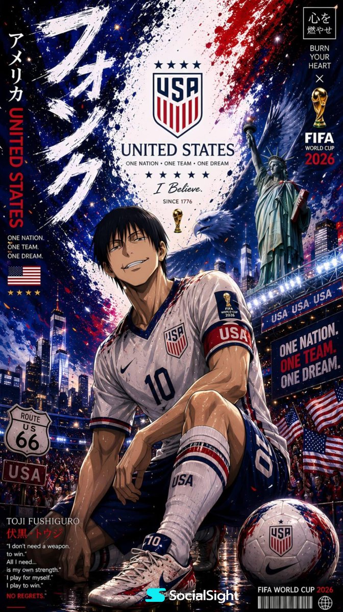 为2026年在美国举办的国际足球锦标赛创作一幅超精细的动漫体育海报。 一位自信的动漫风格男性足球队队长以强而有力的蹲姿坐在前景，身穿现代美国国家队球衣，号码为10，佩戴队长袖标，白色球衣配以藏...