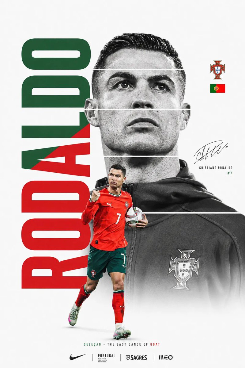 设计一张高端 FIFA 世界杯海报,以一位传奇足球巨星为主题。极简白色背景,占据画面大部分的巨型单色人物特写肖像。肖像被切分成若干水平条块,条块之间留有细窄的白色间隙,营造出现代碎片化的编辑设...