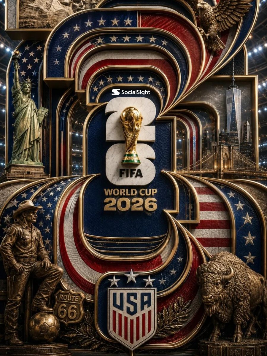 超精细豪华3D海报,主题为2026年美国FIFA世界杯。巨型分层"2026"字体主导整个构图,由相互咬合的金属框架构成,具有深邃的立体层次感。红、白、蓝三色美国国旗图案以雕花珐琅和拉丝金属质感...