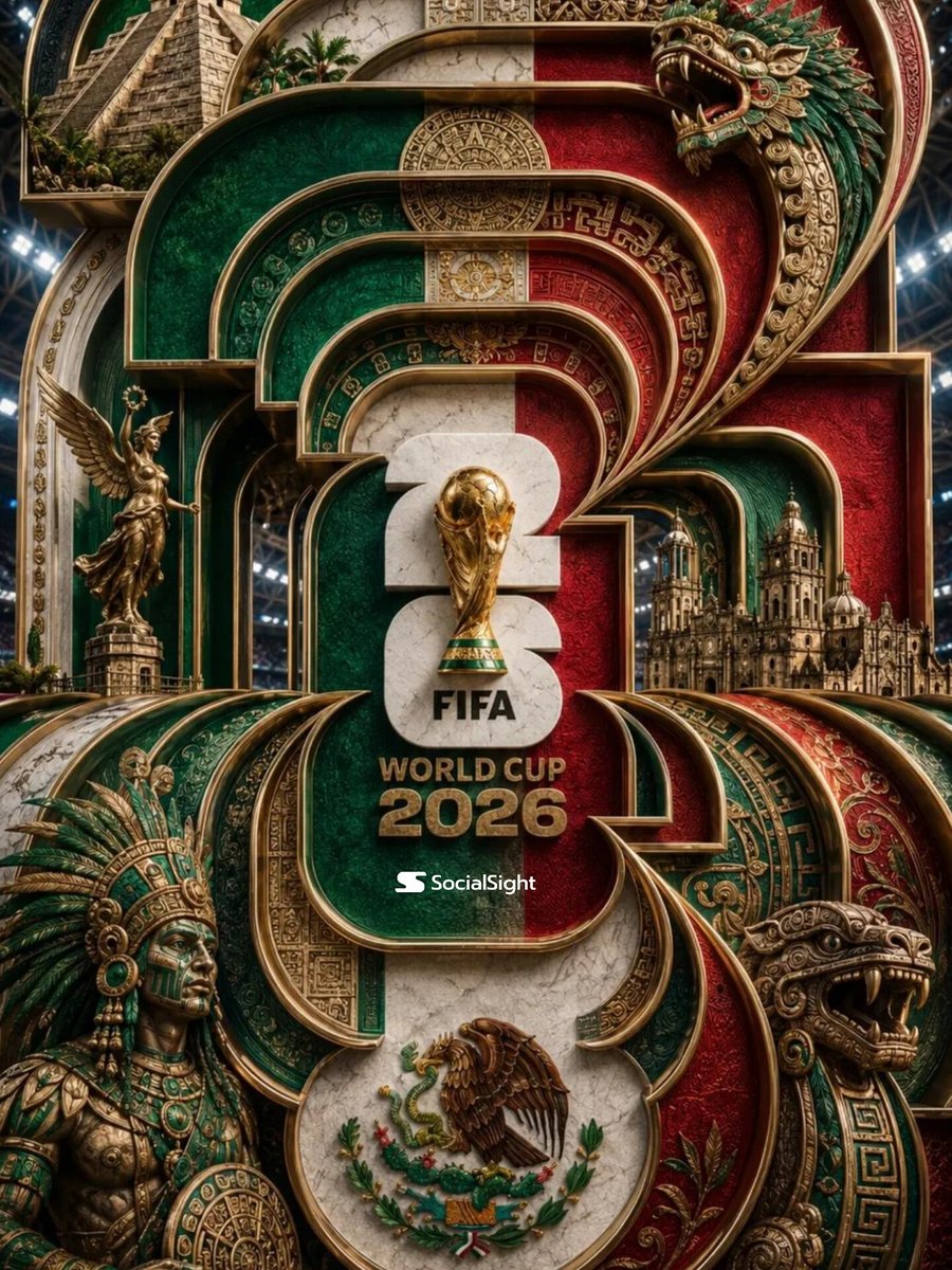 超精细豪华3D海报,主题为2026年美国FIFA世界杯。巨型分层"2026"字体主导整个构图,由相互咬合的金属框架构成,具有深邃的立体层次感。红、白、蓝三色美国国旗图案以雕花珐琅和拉丝金属质感...